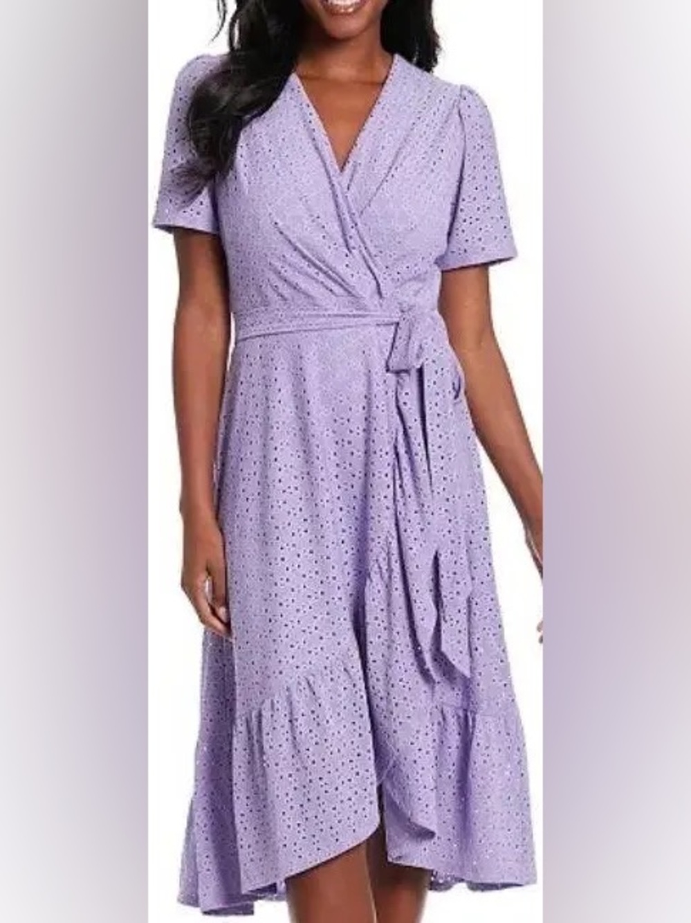 London Times Lavender Eyelet Wrap Midi Dress